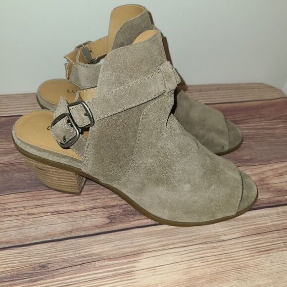 Lucky Brand Beige Suede Open Toe Heels Size 6M - Picture 1 of 5